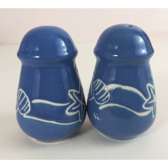 Vintage Florida Seashells Beach Blue Ceramic Salt & Pepper Shakers - Picture 2 of 6